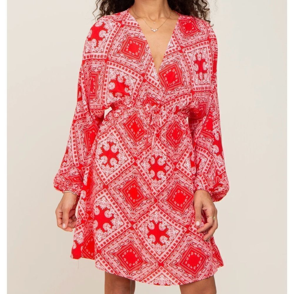 Savanna Jane Red and White Plunge Neck Bishop Sleeve Sundress